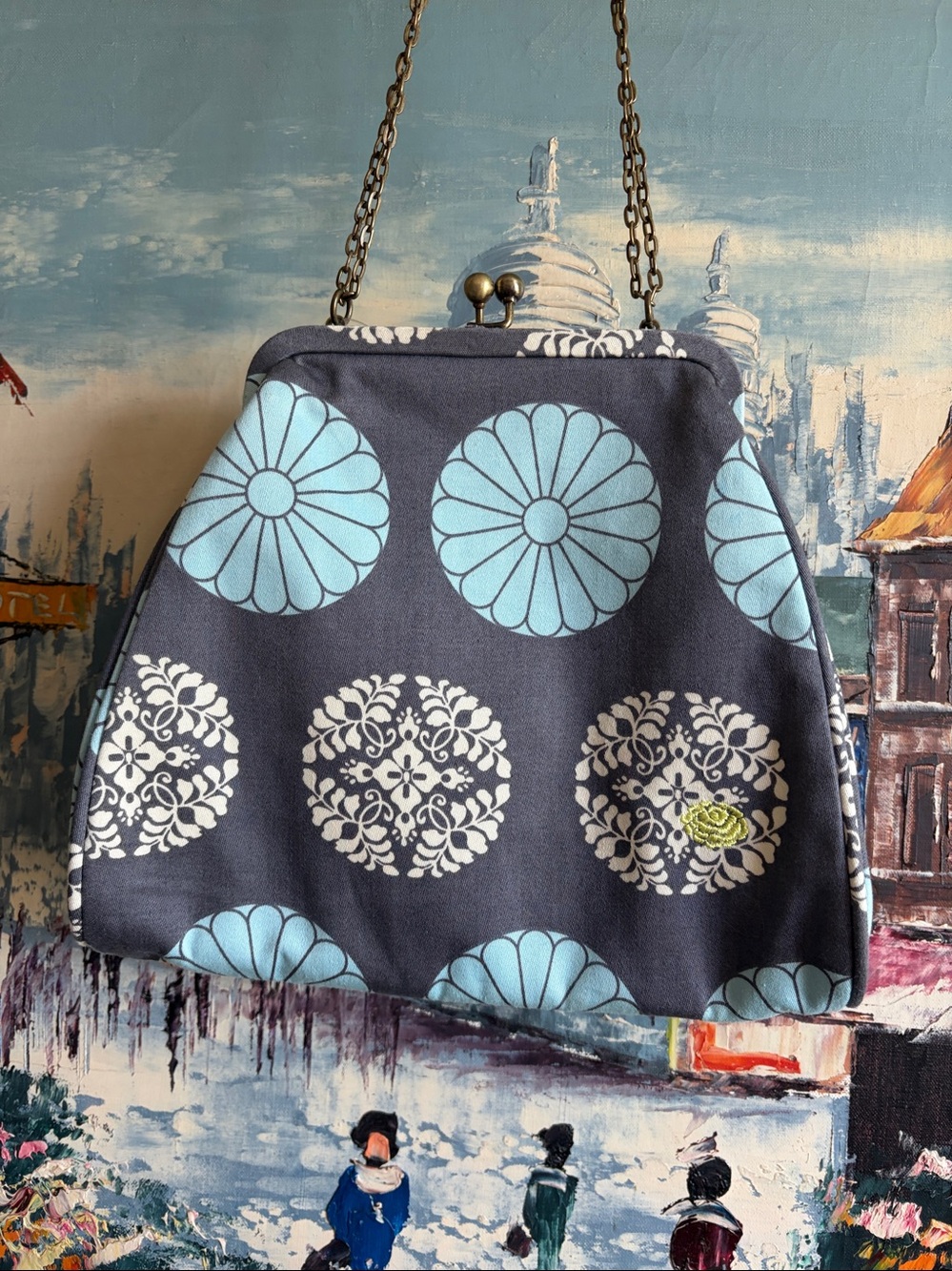 NEW Amy Butler Cloth Kiss Lock Aqua Grey Bag/Clutch Versatile Chain super Cute